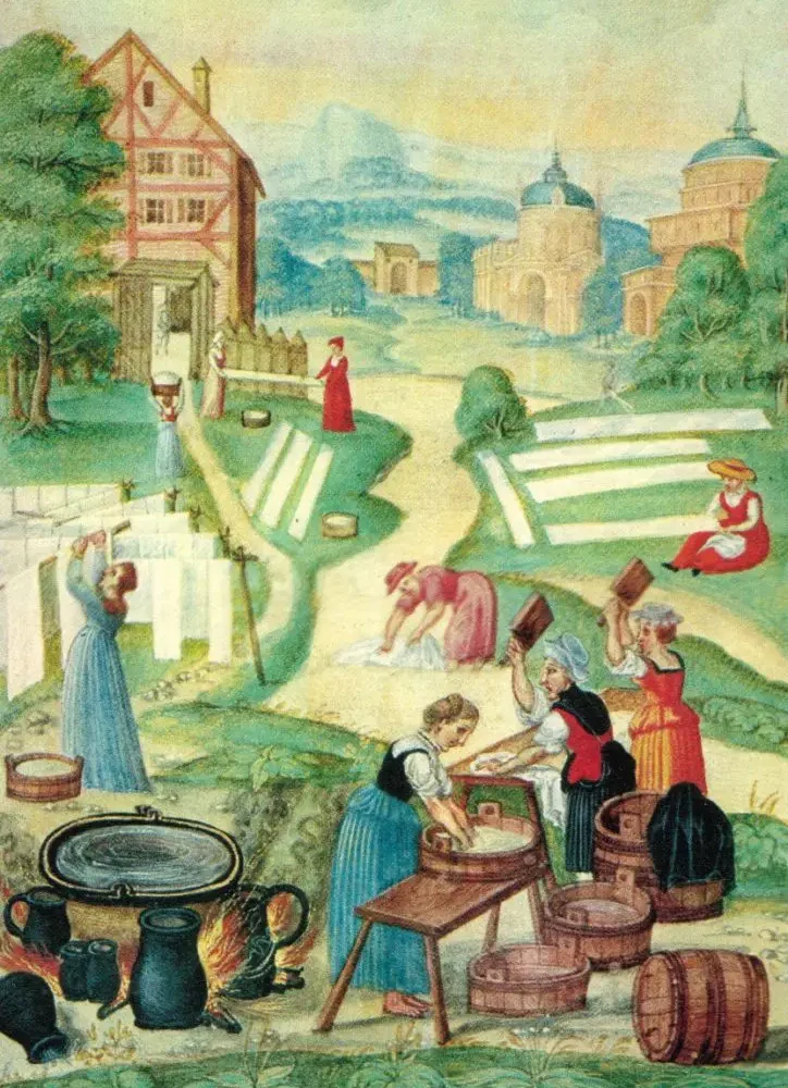 renaissance era drawing of laundry being washed and dried