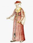 color drawing of a Renaissance era Irish woman in a kirtle